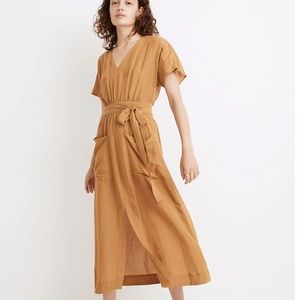 Linen-Blend Dolman-Sleeve Tie-Waist Midi Dress LIKE NEW
